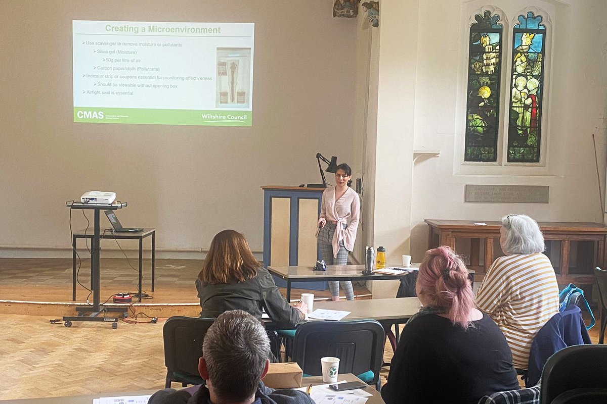 heritageCMAS's tweet photo. Sejal Goel, our Durham University conservation trainee, had an excellent time at the #WiltshireMuseumGroup meeting with @MuseumsinWiltshire, discussing best practice in the care and storage of medals. Get in touch with your medal queries! #ObjectConservation #CollectionsCare https://t.co/2JBGSSCcSL