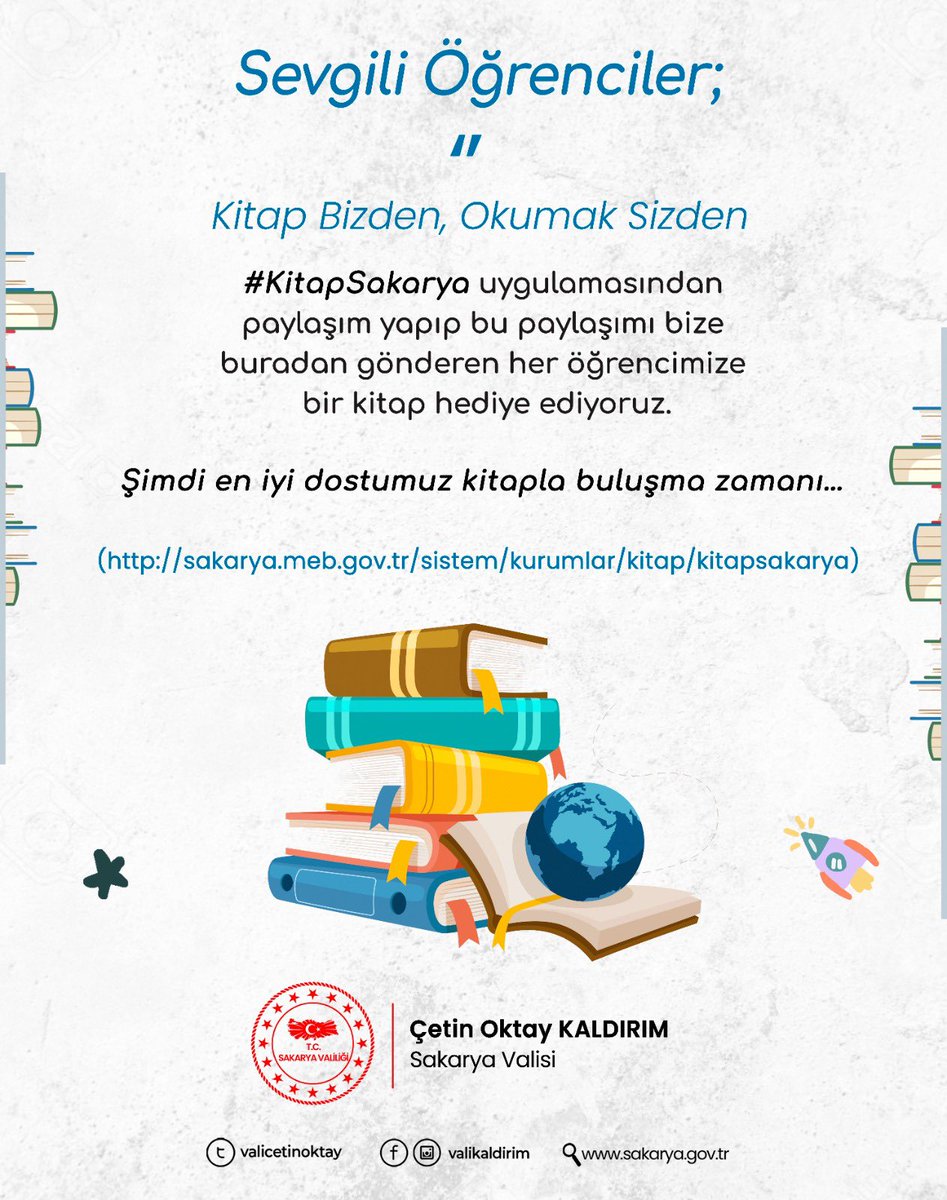 Sevgili Öğrenciler;

Bayramınızı tebrik ediyorum…

Bayramın son gününü kitaplarımıza ayıralım…

Yine, okuduğu kitaptan beğendiği bir bölümü #KitapSakarya uygulamamıza yükleyip buradan benimle paylaşan herkese bir kitap hediye edeceğim…📚

Hepinizin gözlerinden öpüyorum…💐
