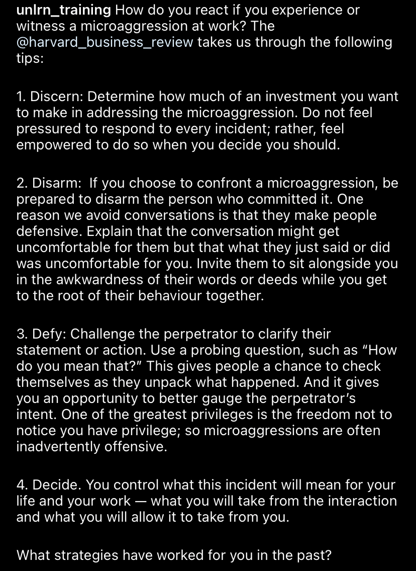 UNLRN_Training's tweet photo. How do you react if you experience or witness a microaggression at work? The @harvard_business_review takes us through the following tips: https://t.co/AZsRSIw7MF