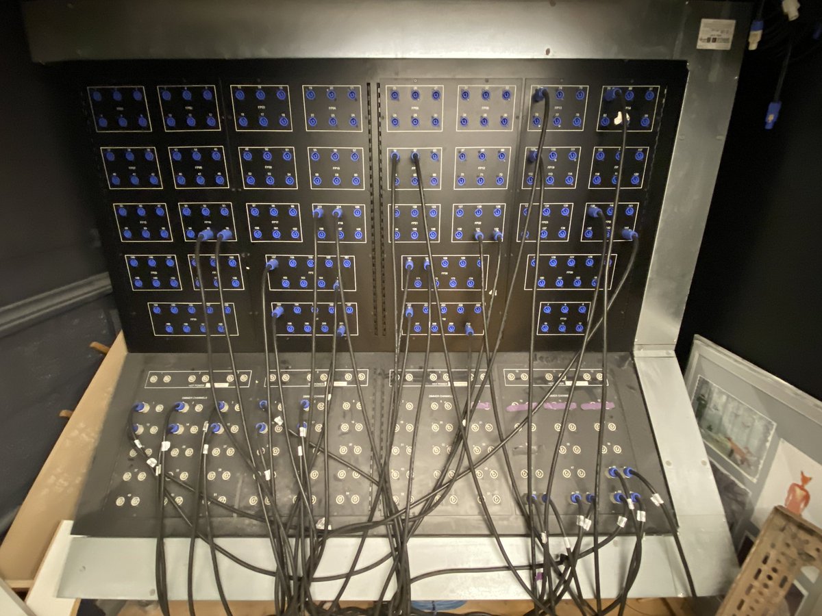 A large patch panel for patching dimmers or hard power to outlets in a theatre. Like em or not, they are very useful in some installations, and the powercon connectors make it safe and simple to patch.