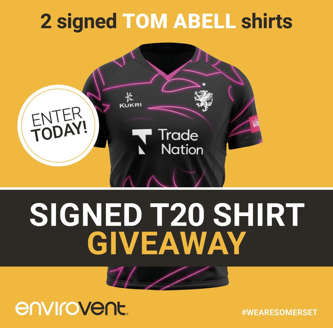 📣 Signed shirt Giveaway Announcement!🚨

We have now completed our franchise move over to <a href="/envirovent/">EnviroVent</a> ✍🏻 

 So let’s give away 2 signed <a href="/tomabell1/">Tom Abell</a> T20 shirts🏏💥

Like &amp; Retweet to enter ✅- ends Friday 6th May! 

 <a href="/SomersetCCC/">Somerset Cricket 🏆</a> 
#becauseairmatters #wearesomerset #competition
