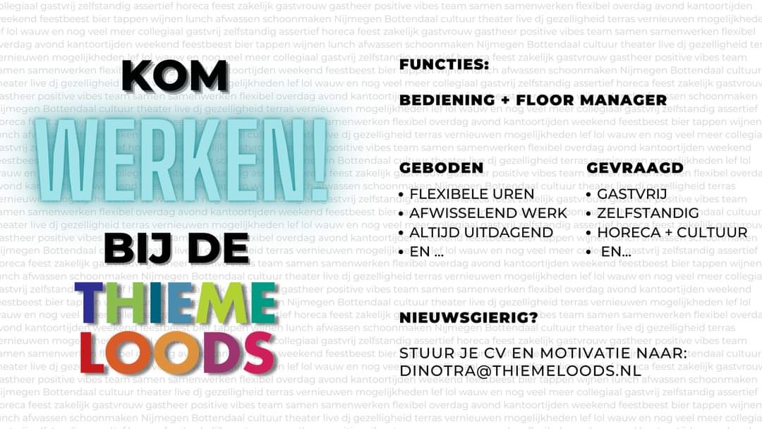 Kom jij werken bij de Thiemeloods?
We zoeken nog altijd mensen voor in de bediening en een meewerkend floor manager.

Wil je meer weten? Stuur dan zeker een mailbericht naar dinotra@thiemeloods.nl
#vacatures