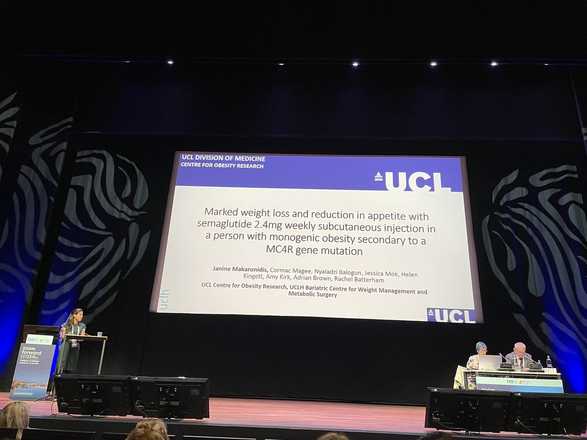 Wonderful case study presentation by Janine Makaronidis using Semaglutide 2.4mg in a person living with obesity &amp; loss of function MC4R receptor mutation from our #STEP1 trial cohort! Showing amazing outcomes losing 52.4kg or 31.9% at 68 weeks! <a href="/ProfBatterhamMD/">Prof Rachel Batterham</a> #ECO2022