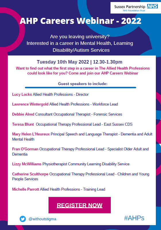 Exciting news!!🤩

We are hosting our annual #AHP #Career webinar next week for our final year placements students. We can't wait to share the career opportunities available at SPFT <a href="/withoutstigma/">SPFT - No longer in use</a> and help you plan your career journey...👇💙