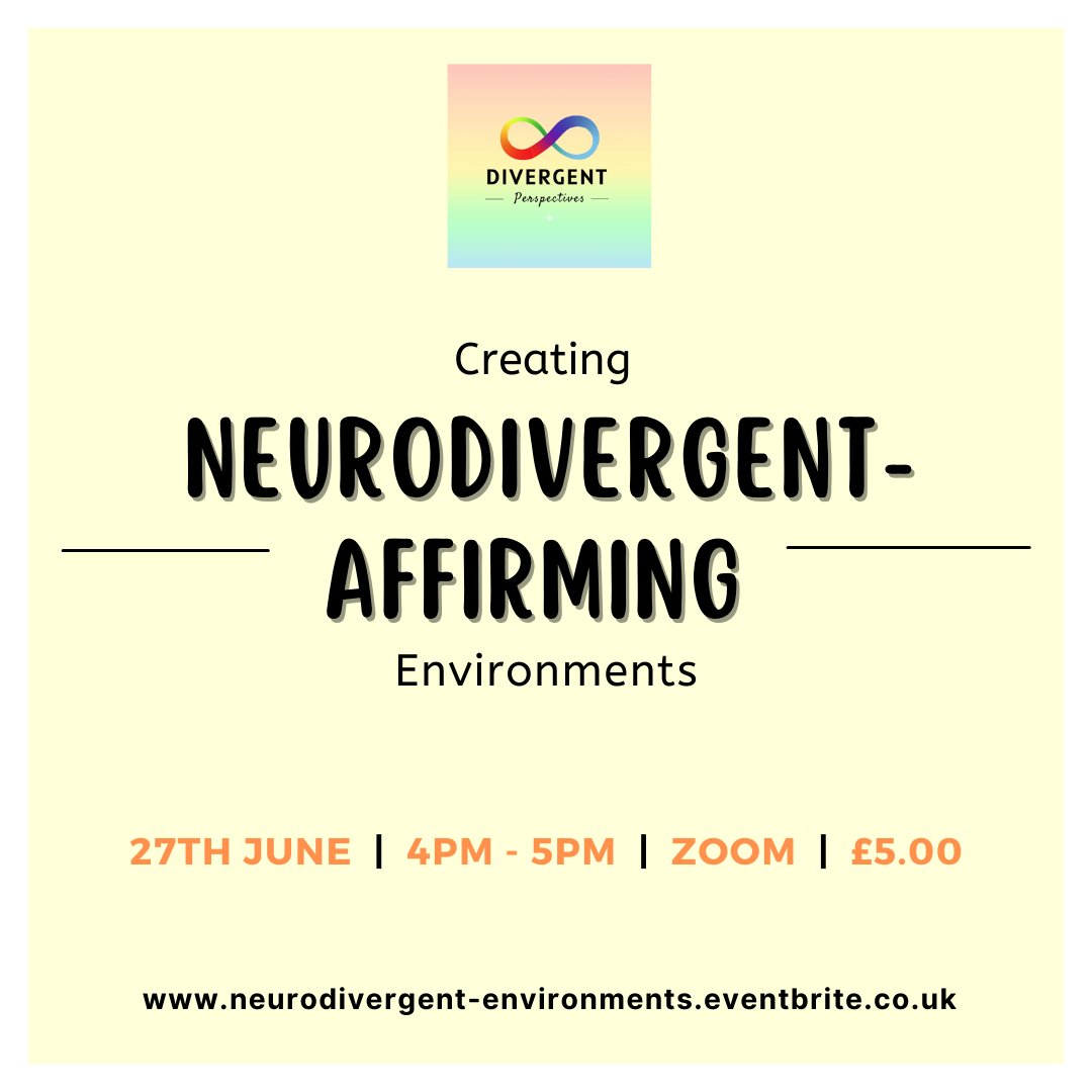 "Creating Neurodivergent-Affirming Environments". A low-cost £5.00 training for everyone interested in how to better support Neurodivergent children, teens, adults: eventbrite.co.uk/e/creating-neu…