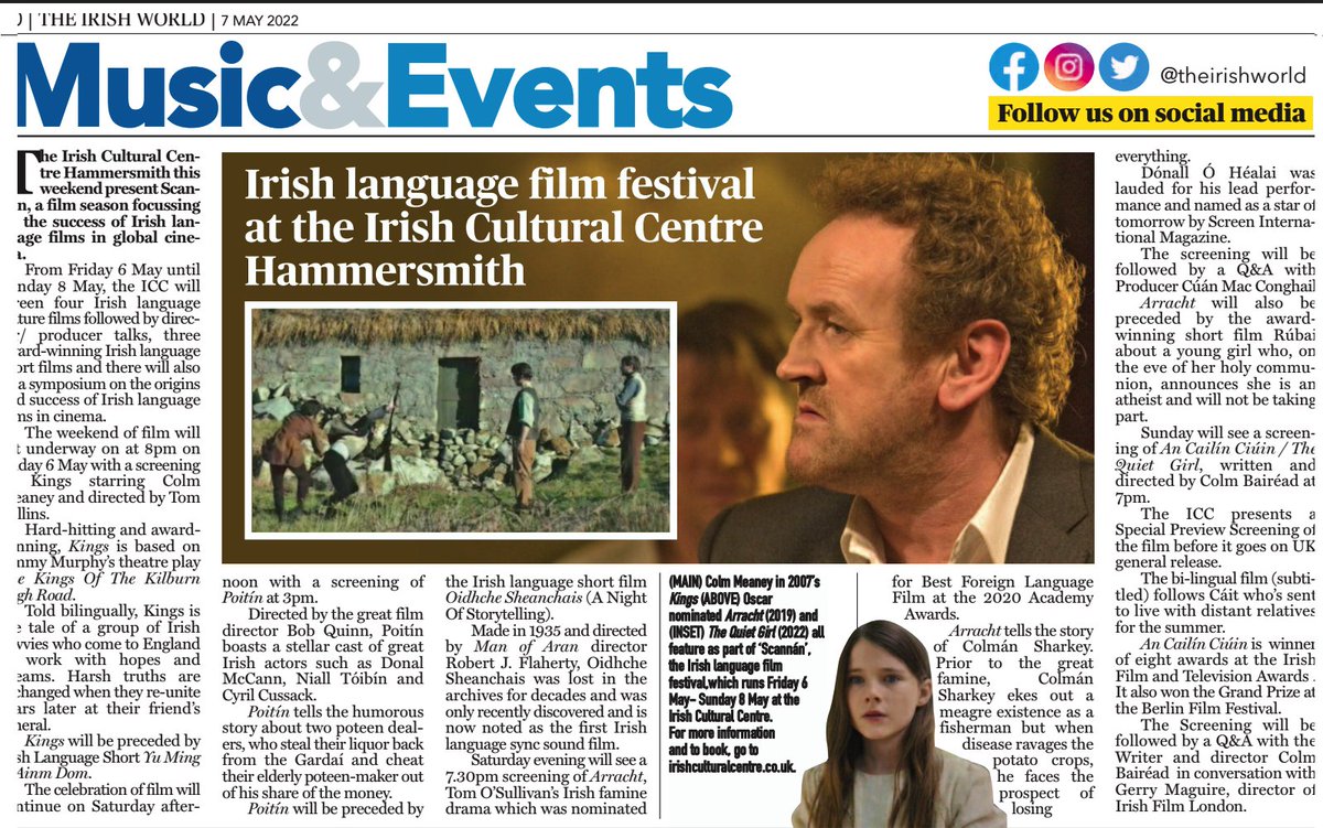 Beautiful feature in this week's @theirishworld about our forthcoming #IrishLanguage Film Weekend - Scannán, Fri 06 - Sun 08 May! ⭐️ Films include @ArrachtFilm, Kings, @quietgirlfilm, Poitín, & more! Info here: bit.ly/3LI9jAq #IrishFilm