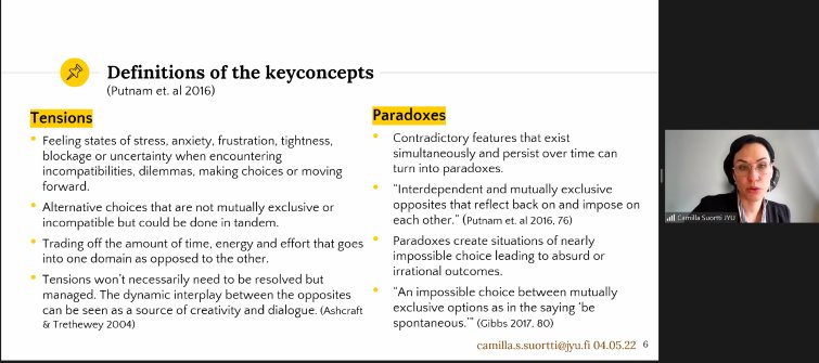kielikampus's tweet image. Now Camilla Suortti is presenting on tensions and paradoxes of communication technology use that is related to work-life boundary management #SpringSchool2022
