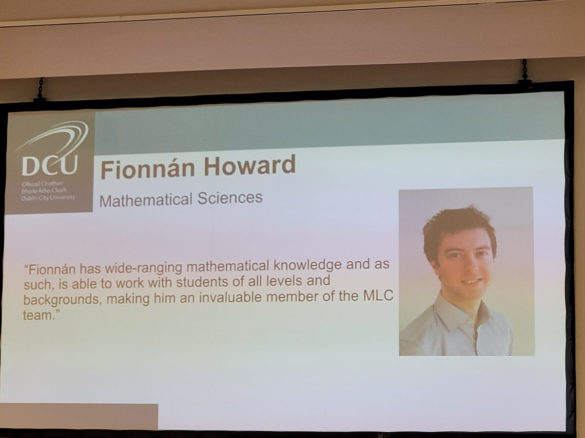Very proud of colleagues from 
<a href="/DCUMaths/">DCUMaths</a>, @fh041205 (our full-time tutor in <a href="/DCU_MLC/">DCU MLC</a>) and Martin Venker for being short-listed for  #DCUPresidentAwards for Teaching and Learning this morning. Glowing recommendations for both!
