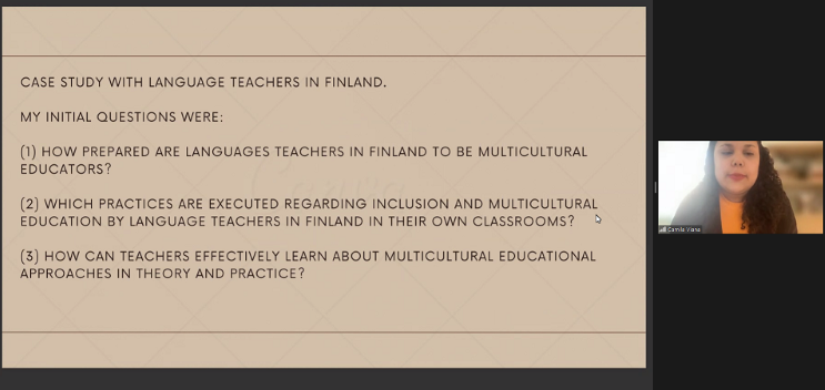 kielikampus's tweet image. Camila Viana introduces her research about the challenges language teachers face when working with inclusion in Finland #SpringSchool2022