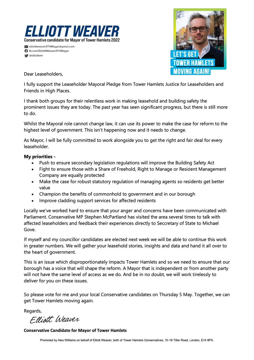 Tower Hamlets Justice for Leaseholders (@towerhamletsjl) on Twitter photo Mayoral candidate <a href="/elliottwvr/">Elliott Weaver</a>, for the <a href="/THConservatives/">Poplar and Limehouse Conservatives</a>, has provided us the following message for Tower Hamlets leaseholders and members of THJL and FiHP: Mayoral candidate <a href="/elliottwvr/">Elliott Weaver</a>, for the <a href="/THConservatives/">Poplar and Limehouse Conservatives</a>, has provided us the following message for Tower Hamlets leaseholders and members of THJL and FiHP: