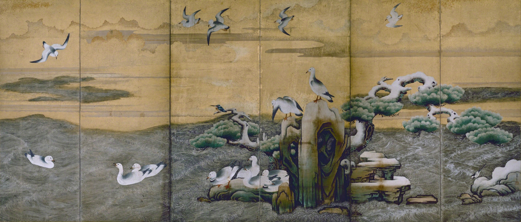 狩野山雪、雪汀水禽図屏風、超希少・大判画集画、新品高級額装付 日本美術史bot on X: 