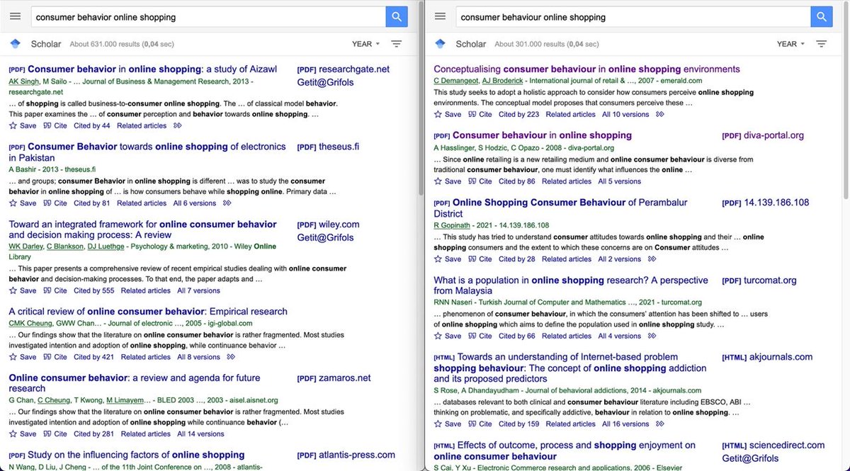 tamici_'s tweet photo. The fact that searching for "consumer behavior" and "consumer behaviour" (US vs UK spelling) on Google Scholar yields completely different results is unnerving https://t.co/9CYT1JK88L