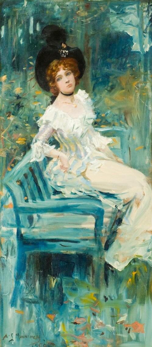 Cassie Jeweller, painted by Munnings in 1900, is channeling  #GildedGlamour 

Cassie is wearing contemporary dress signified by her frilly sleeves, feathered hat and choker necklace

Fashions worn at this years #MetGala