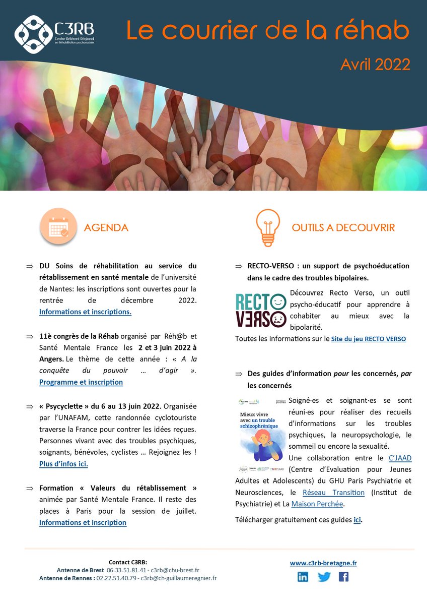 C3RB2's tweet photo. #newsletter d'avril: retrouverez l'agenda ou encore RectoVerso, un jeu #psychoéducatif pour apprendre à vivre au mieux avec la #bipolarité - créé en partenariat avec le Centre Hospitalier Georges Daumézon et déjà adopté par certains collègues des Côtes d'Armor!
Bonne lecture! https://t.co/B3AOdcOhPJ