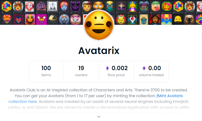Shangritwo's tweet photo. The first 100 Avatarixes have been minted. Gratz! 🎉
🧢 Mint more at https://t.co/EAi4YcIs7K
Creating the value together!

#NFT #Minting #PolygonNFT #rudalle #emojich #AIArtwork #aiartist https://t.co/RtOPmFrXKC