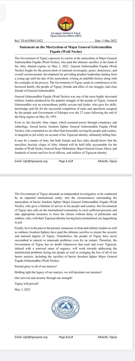 johniabraha's tweet photo. Official Statement on the martyrdom of Major General Gebremedhin Fekadu. 
Rest in eternal peace our hero! #TigrayGenocide https://t.co/p6NrtqqdxO