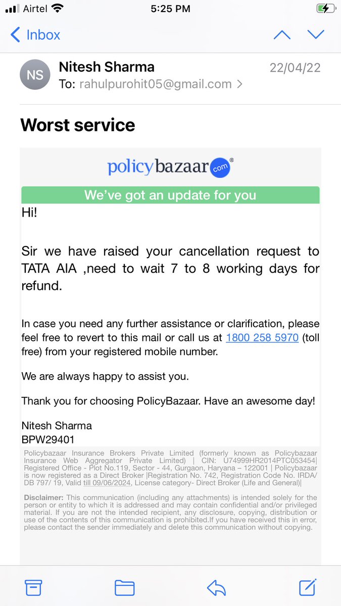 Rahulpurohit05's tweet photo. @policybazaar fucking shit service got mail on 22 April where is my refund https://t.co/kbvBIuRFUX