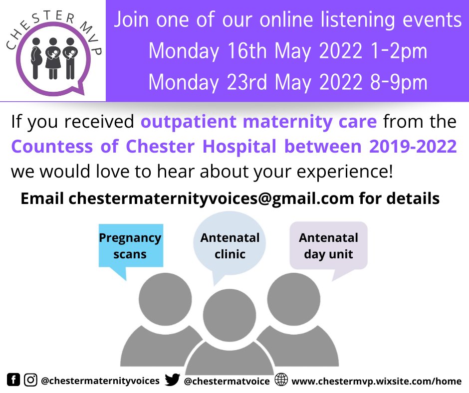 chestermnvp's tweet photo. In May we will be discussing outpatient maternity care @TheCountessNHS. This includes antenatal scans, antenatal clinic, and antenatal day unit experiences.

Join us to share your feedback!

Email chestermaternityvoices@gmail.com or DM for further details.

Please share locally! https://t.co/pvwfveqcjd