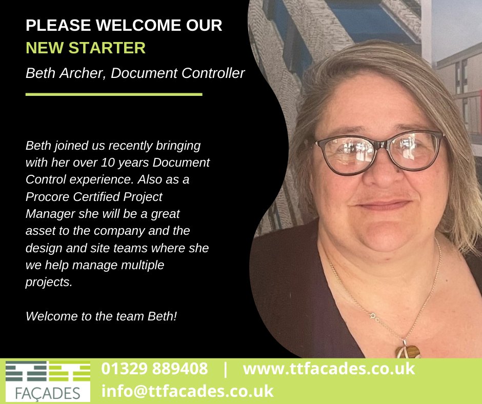 TTFacades's tweet photo. *** NEW STARTER ***

We are pleased to welcome Beth to the team!
#newstarter #team #loveconstruction #facades #cladding #documentcontroller https://t.co/62SiaM2INu