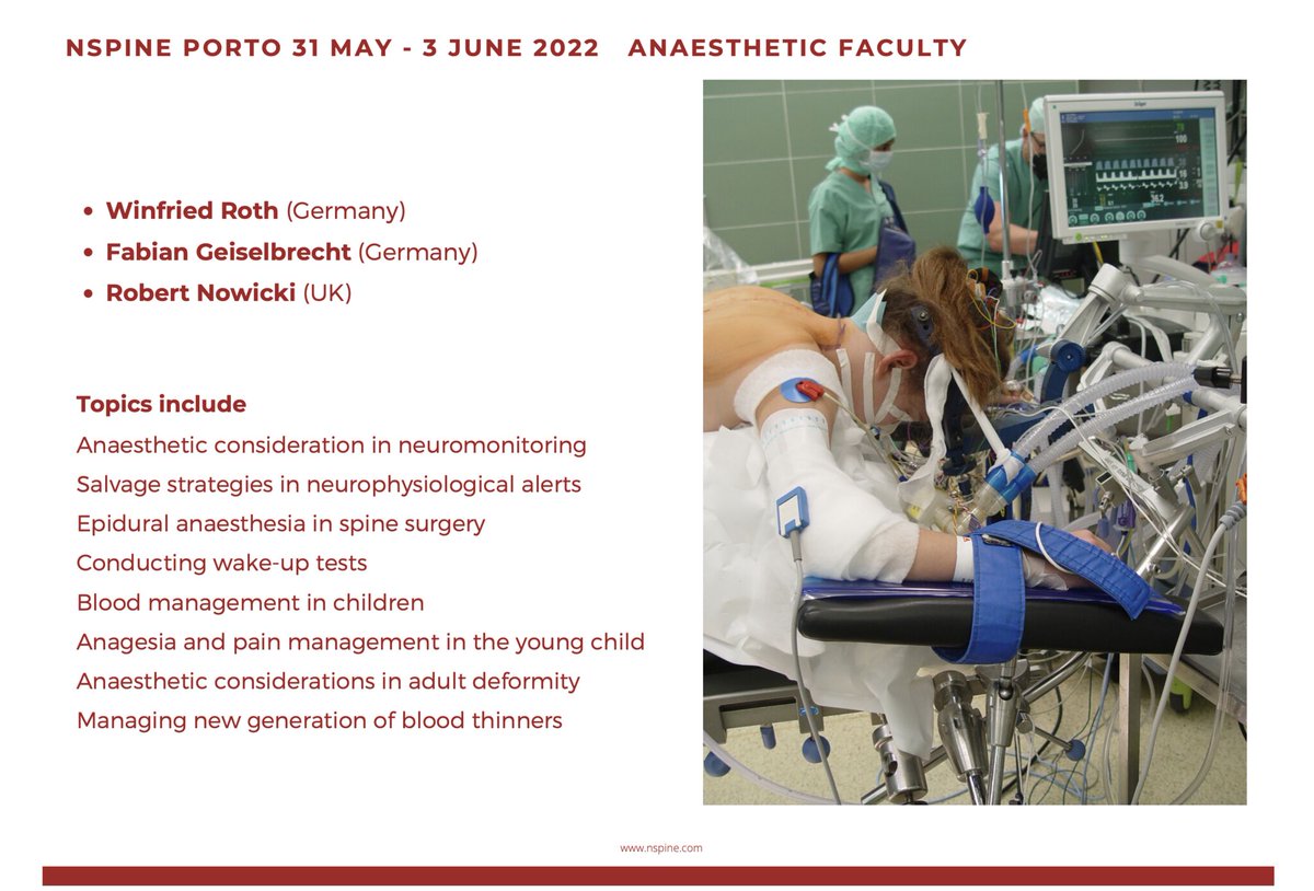 Our anaesthetic colleagues are essential in enabling #spine surgeons to perform complex interventions. For NSpine Porto we have included dedicates talks and sessions on the anaesthetic aspects of #spinesurgery
Porto May 31st - June 3rd:
buff.ly/3w2Euj8
#anesthesiology