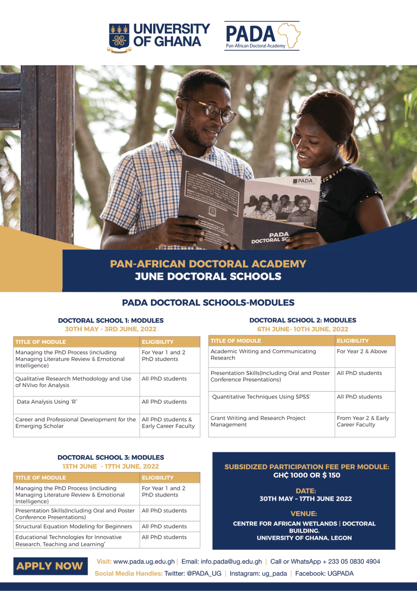 PADA_UG's tweet photo. It's that time of the year again! The UG-Pan African Doctoral Academy invites you to be a part of its June Doctoral Schools taking place at the Centre for African Wetlands &amp; the UG Doctoral Building
Click the link below to register
https://t.co/3I8O7nlpQg
Deadline: 20th May 2022 https://t.co/qCBAorB6xE