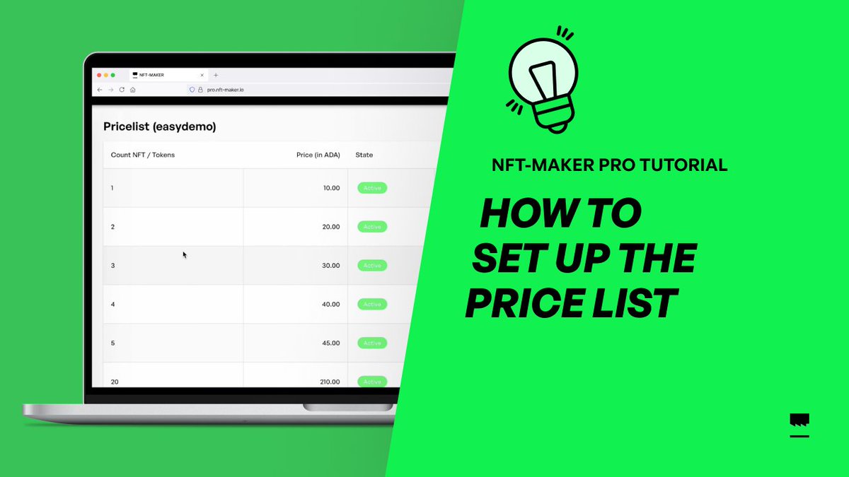 nmkr_io's tweet image. NFT-MAKER PRO Tutorials

✅ Short instructional video clips that guide you through NFT-MAKER PRO &amp;amp; makes minting NFTs easy.

💡How to Set Up the Price List

▶️  Watch clip here: 
youtu.be/YBdODGye9RM

#Cardano #NFTCommunity #NFTtutorial