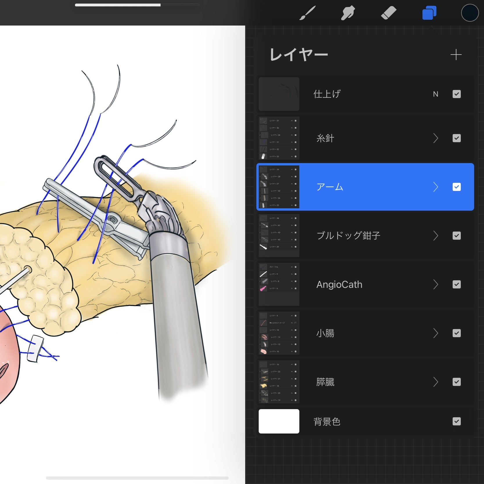 おぺなか 普段の手術イラストと異なり ご依頼に応じた細かな修正が出来るよう 臓器やパーツをグループに分けて作成しました 例えば ロボットアームの向きや位置の変更の際は アームのグループ選択 反転と位置調整のみで可能となっています 加筆修正の