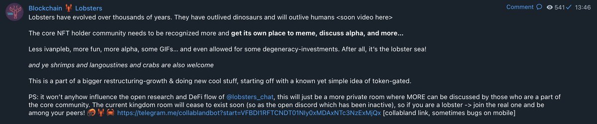 GM TO SEAFOOD

Community NFT-gated alpha &amp; vibes chat 🦞🌊🦐🦀 has arrived! The main DeFi chat stays the same, but alpha/merch &amp; new things should be accessible to the real ones 👀 telegram.me/collablandbot?…