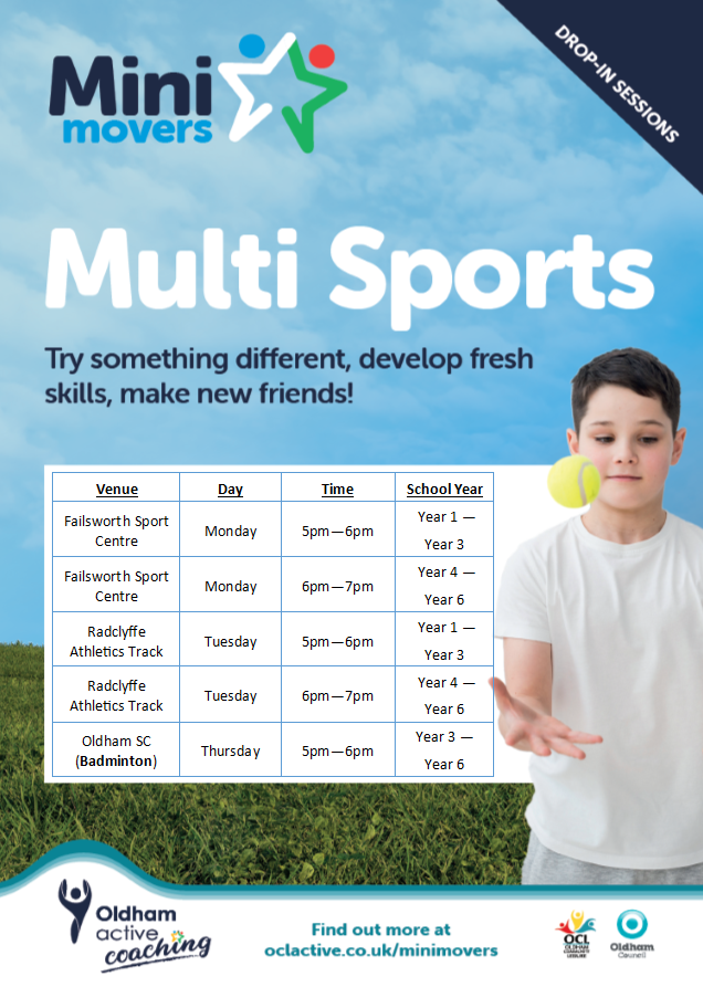 OACoaching's tweet photo. Our NEW Mini Movers sessions go live from Monday 9th May across @OCLactive Centres.

Sessions included Multi Sports, Dance, Football and Badminton

For days and times visit 
https://t.co/JpRHnme8Vo

@OldhamCouncil @OldhamChronicle @OldhamNews @Oldham_Hour https://t.co/BI9uXgLT9P