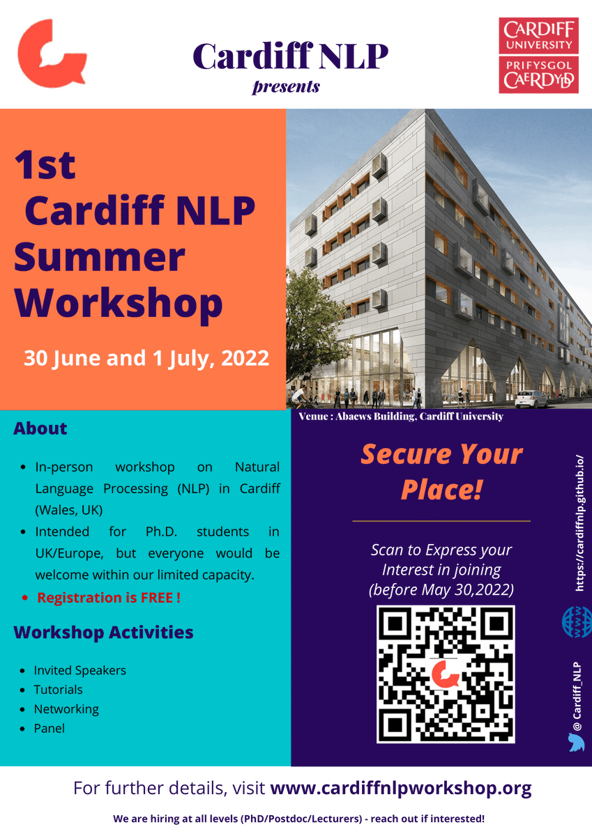 We are happy to officially announce the 1st Cardiff NLP summer workshop on June 30 and July 1!

This workshop will be an opportunity for participants to interact and attend talks/tutorials from high-profile NLP researchers from industry and academia.