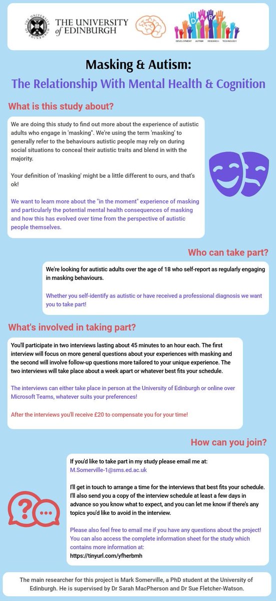 Hi, I'm looking for autistic adults who self-identify as regularly engaging in 'camouflaging' or 'masking' to take part in interviews to discuss their experience as part of my PhD research.

Please follow this link for full information: tinyurl.com/yfherbmh

<a href="/SueReviews/">Sue Fletcher-Watson</a>