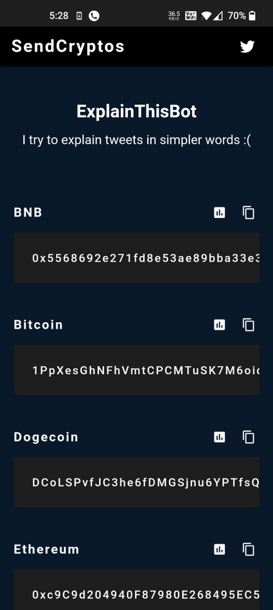 BuckyDroid's tweet image. Sharing multiple crypto addresses in a tweet can be a little messy sometimes and on top of that copy pasting em manually is kinda time consuming.

So I created a simple site where you can list all your crypto addresses under a custom URL like this,
sendcryptos.me/buckydroid 

(1/2)