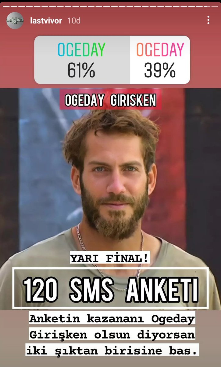 #ogfc instagram @/lastvivor anketinde İKİNCİ turdayız herkes tüm hesaplarından Sadece Ogeday'a oy versin 
#OgedayGirişken 
#ogeday 
#ogfctakiplesiyor