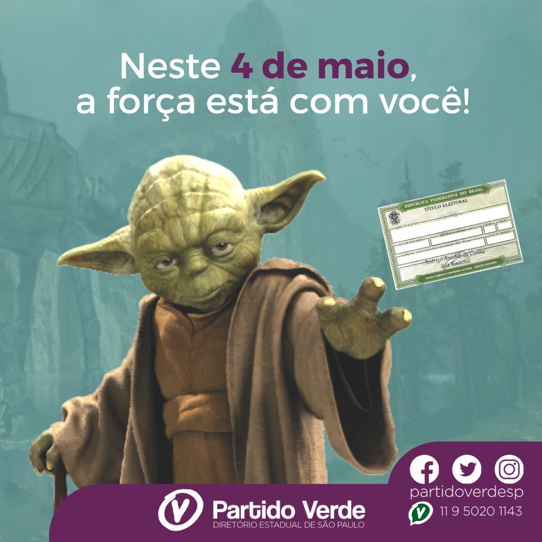 PartidoVerdeSP's tweet photo. 4 de maio é conhecido como o dia de Star Wars e também é o último dia para regularizar ou tirar seu título de eleitor! O Brasil precisa de mudança, e esse será o inicio de uma nova esperança para todos nós. 

Acesse: https://t.co/BwQmKCK5SQ
"O LADO VERDE DA FORÇA, NÓS SOMOS!" https://t.co/mRMu0Uw3QC