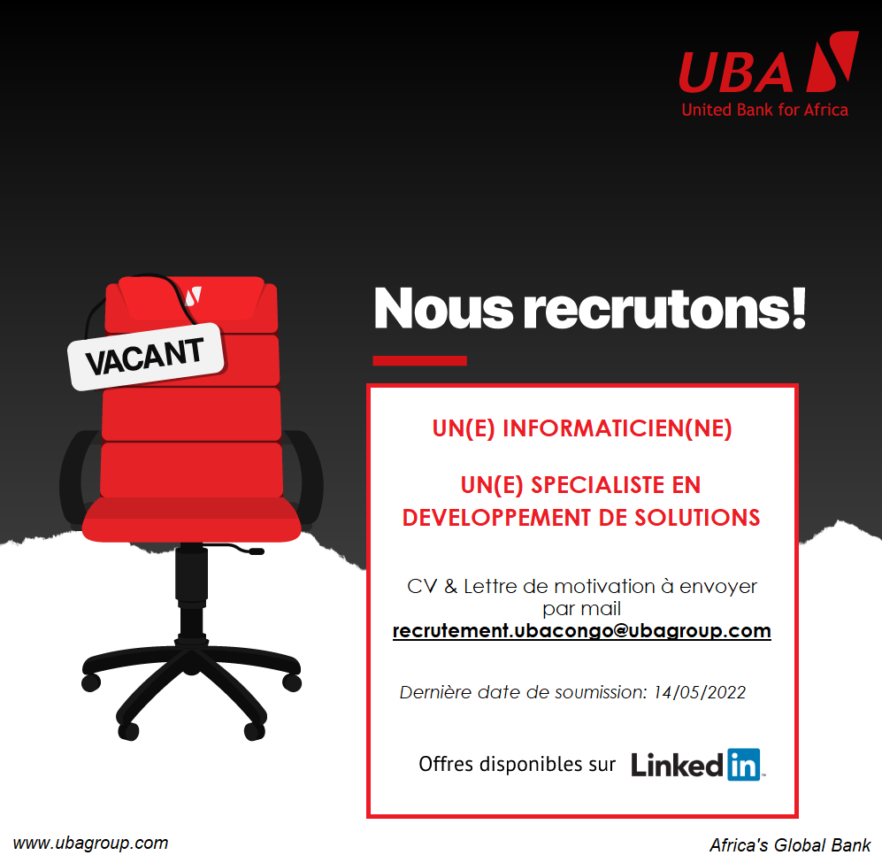 UBACongo's tweet photo. #Urgent #OffresdEmploi

La Direction Générale de UBA CONGO BZV recrute:
- Un(e) Informaticien(ne)
- Un(e) Spécialiste en développement de solutions

Les descriptions des offres sont disponibles sur https://t.co/UUU57xkmok
#Recrutement #Emploi #JobAlert #Banques #AvisDeRecrutement https://t.co/HMO0HRsDwB