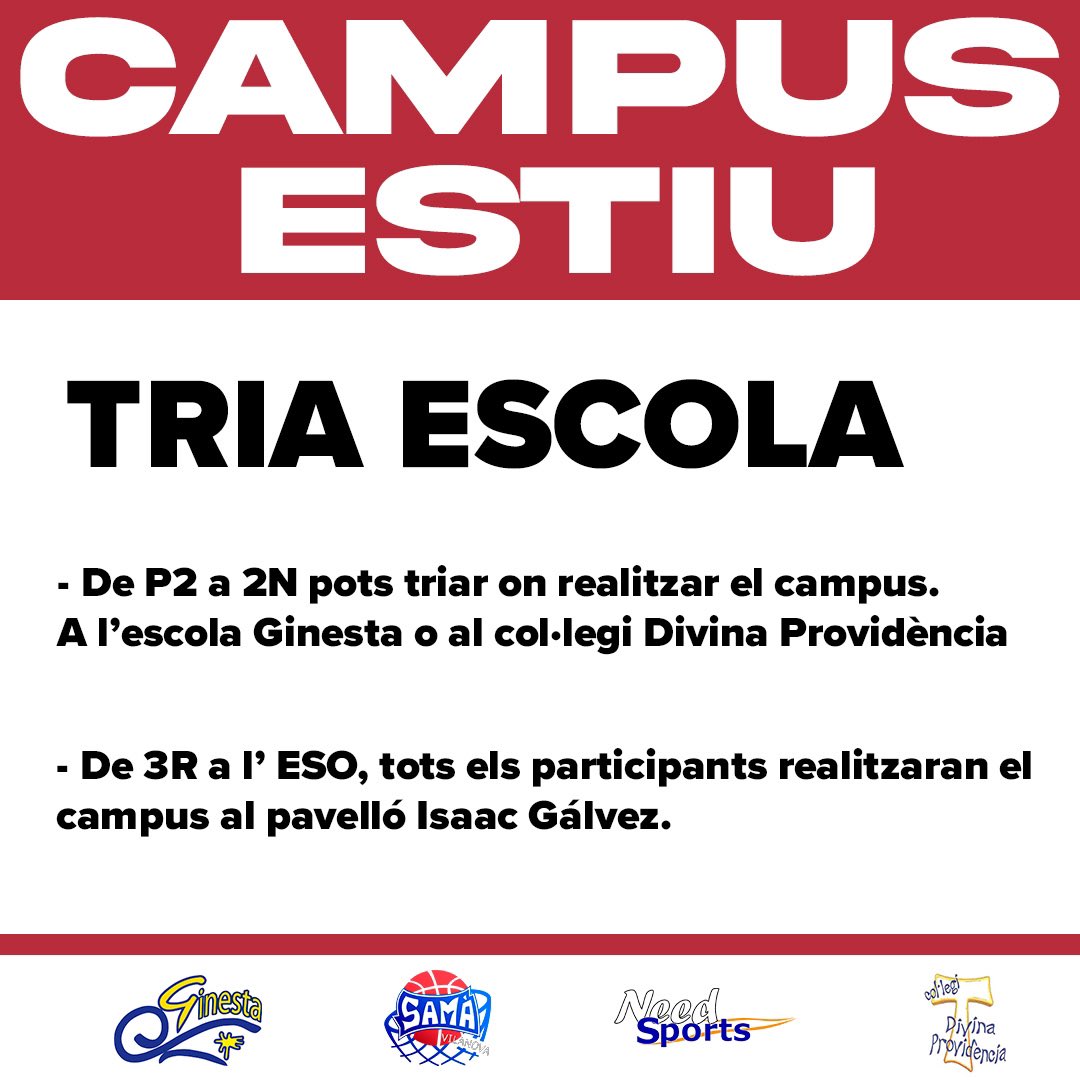 🏫 TRIA ESCOLA 🏫
.
Recordeu que de P2 a 2n podeu triar on REALITZAR el CAMPUS‼️
. 
Voldreu fer-ho a l'escola Ginesta❓ o preferiu fer-ho al col·legi Divina Providència❓🤔
.
Els grans però, de 3r fins a l'ESO, ens veiem com sempre al pavelló Isaac Gálvez🏟️

#quecomencieljoc
