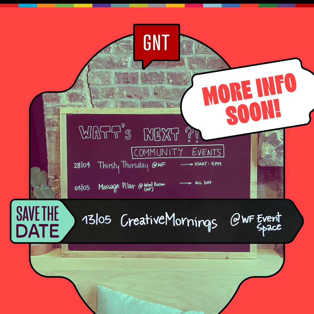 .✨ @WATT_Factory has already saved their beautiful event space for us, so you can write down the date: 13th of May at 8:30am 🗓

Stay tuned for more info and join our mailing list to be notified by email 👉 bit.ly/CMGntNewsletter

See you next week! 😍

#CreativeMornings #CMGnt