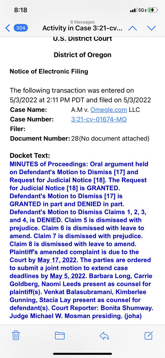 Some news!!!!
Our product liability claims against an online platform (Omegle) overcame a motion to dismiss.

It’s taken eight years of defeats on this theory to get this win. 😭 😭