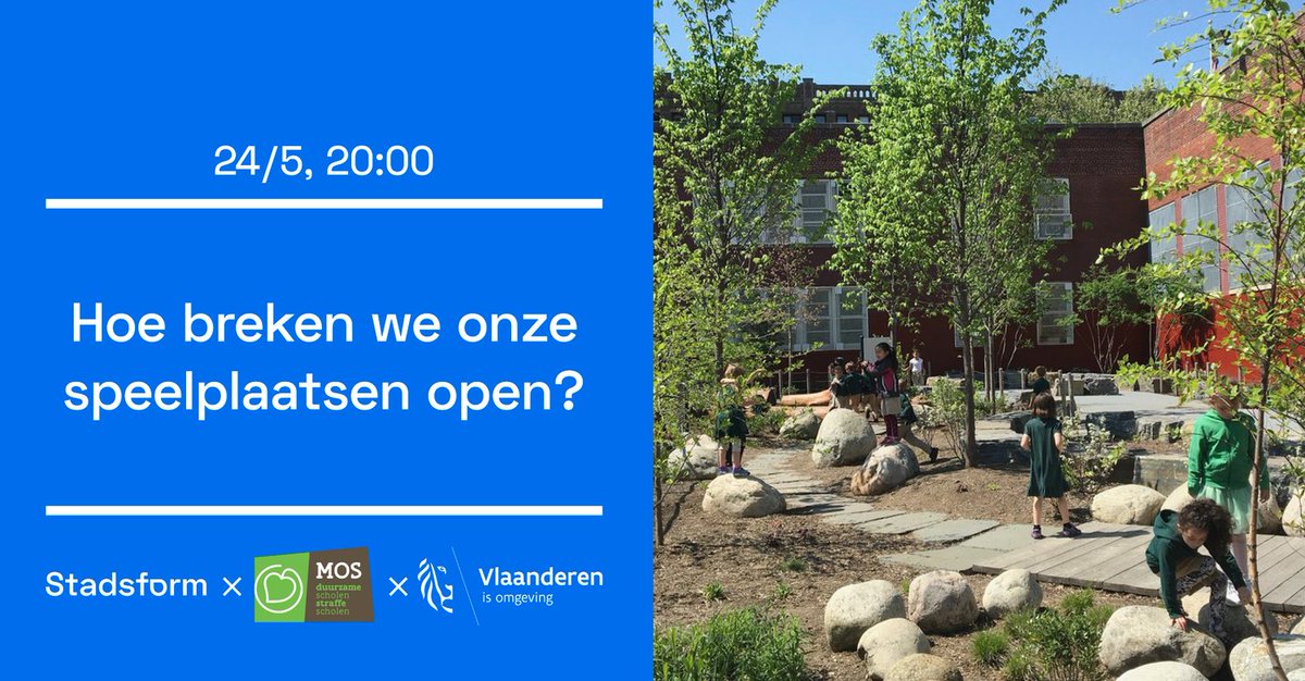 Hoe breken we onze #speelplaatsen open? Welkom op 24 mei bij <a href="/stadsform/">Stadsform</a> in Antwerpen op een gesprekavond over het #vergroenen van speelplaatsen. 
#MOS, <a href="/OmgevingVL/">Departement Omgeving</a> en Endeavour verwachten jou 👇
stadsform.be/stadsformevent…