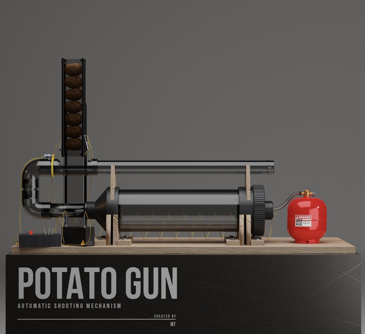 M7Buster's tweet photo. What about some potato shooting? 🥔 #nft #NFTCommumity #NFTartist #NFTProject #NFTCollection #diy #potatogun #potato #3d #3dart https://t.co/0DEZWoptgU