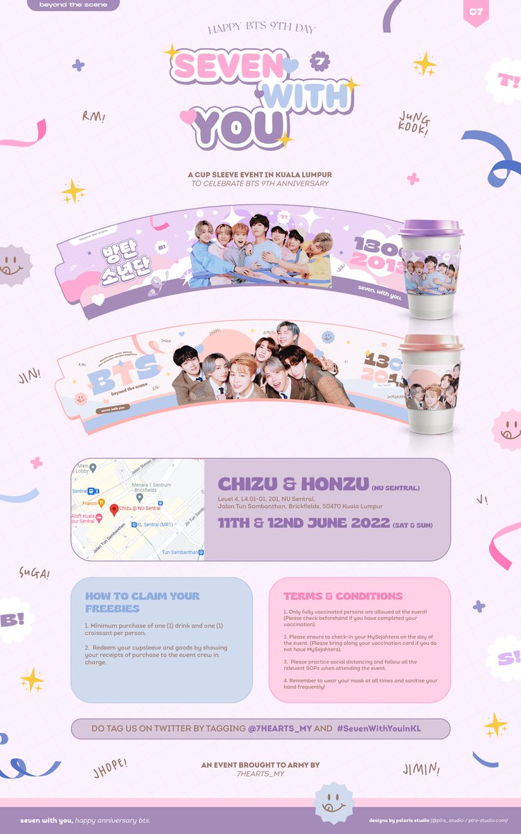 7HEARTS_MY's tweet photo. 💜 BTS 9TH ANNIVERSARY EVENT IN KUALA LUMPUR ˚₊✩‧₊

📍:Chizu &amp; Honzu, NU Sentral
🗓: 11 &amp; 12 june 2022 (SAT &amp; SUN)
⏰: 12.00 PM TILL 5.00 PM
OUTFIT THEME: PASTEL 

do read the notice below for more information, any questions please contact us through dm 🤍

#SevenWithYouinKL https://t.co/n70WoyhmYW