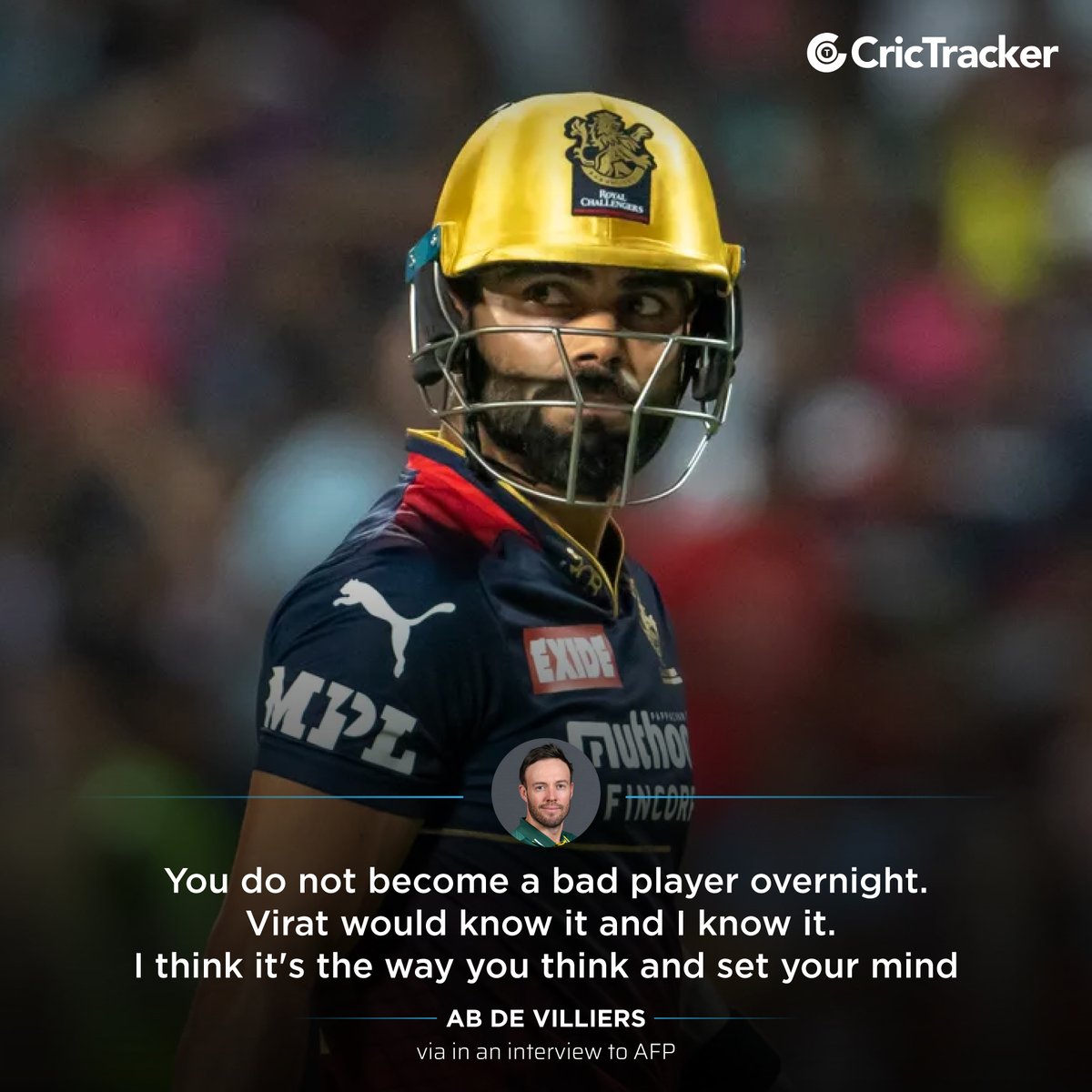 Cricketracker's tweet photo. AB de Villiers feels Virat Kohli should have a clear mind and fresh energy whenever he plays and then he can find a way out of a hole during his lean patch.

📸: IPL/BCCI

#IPL2022 | #RCB | @imVkohli | @ABdeVilliers17 https://t.co/lSbs8DVCXL