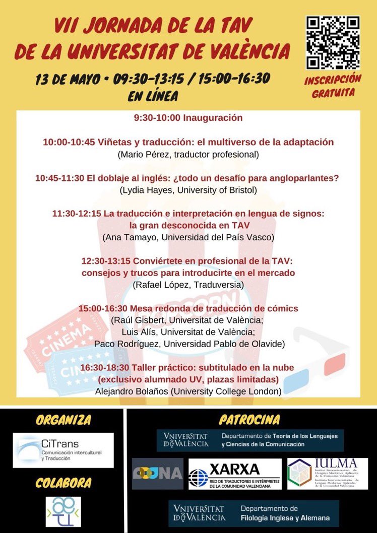 ⚠️ ATENCIÓN A LA VII Jornada de la Traducción Audiovisual de la Universitat de València. Se celebrará el 13 de mayo de 2022 online!!

Organiza: Citrans con la colaboración de <a href="/AETI_UV/">Vocalía AETI – UV</a> (<a href="/AETIoficial/">AETI</a>)

Más información: citrans.uv.es/2022/05/vii-jo…