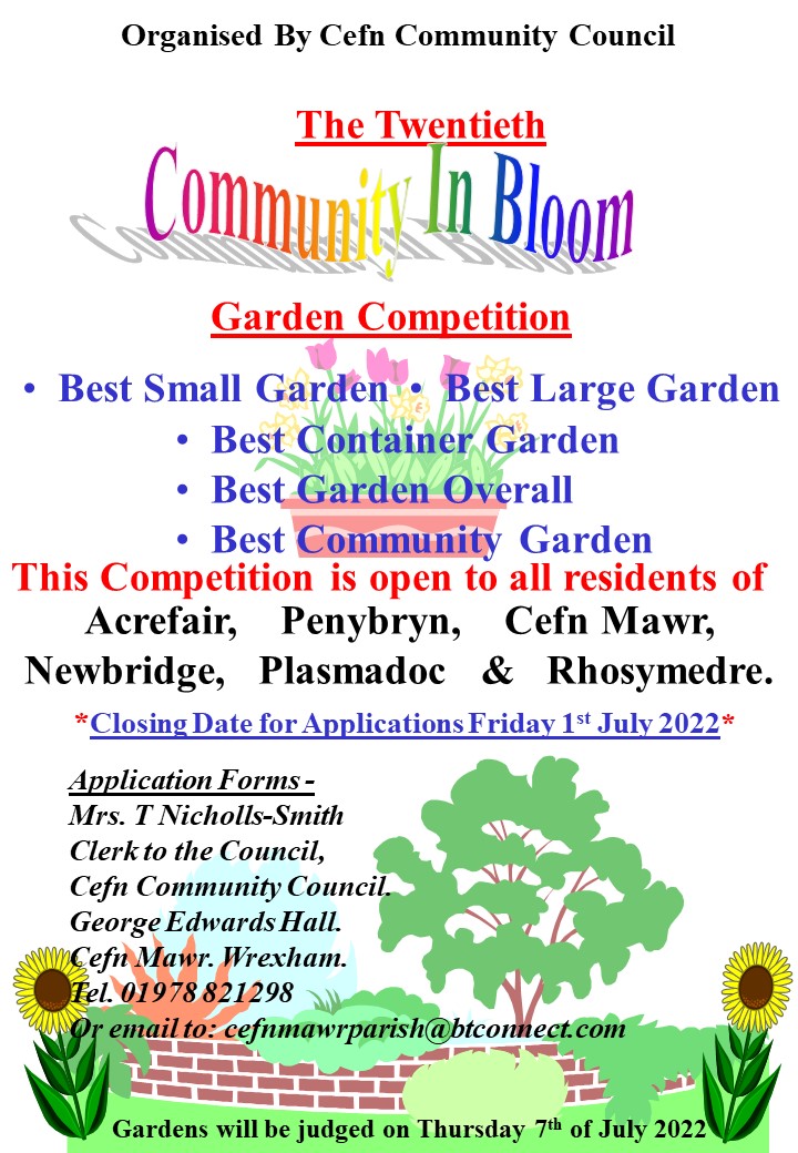 CefnCouncil's tweet photo. Cefn Community Councils #communityinbloom competition is back! Date set for the 7th of July and open to all residents of our community, spread the word! https://t.co/CW0zmUCNOH