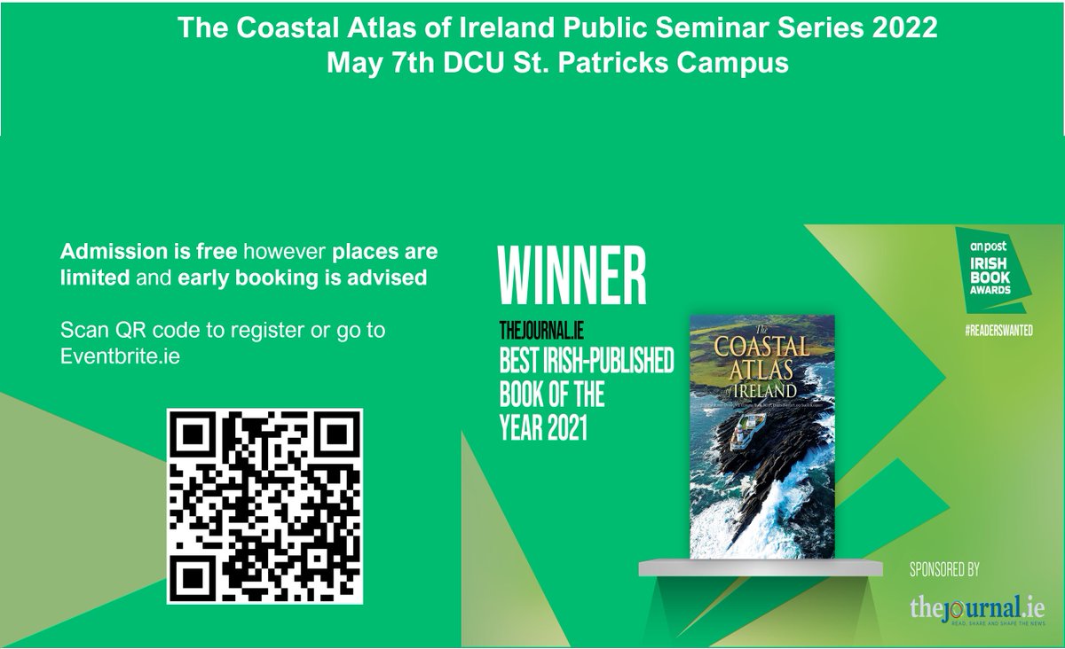 Join the editors <a href="/DCU/">Dublin City University</a> May 7th for one of 4 #free Public Seminars #heritage #coastal #sustainablecoasts accompanied by a stunning exhibition of images and maps from the Coastal Atlas of Ireland. Register here eventbrite.co.uk/e/coastal-atla…