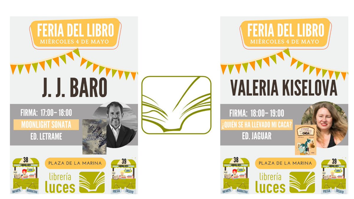 librerialuces's tweet photo. Esta tarde volvemos a la Feria del Libro a partir de las 17:00 horas dos firmas de libros.

✅ @jj_baro firmará MOONLIGHT SONATA (@LetrameLibros) a las 17:00 horas.

✅ Valeria Kiselova firmará ¿QUIÉN SE HA LLEVADO MI CACA? (@Ed_Jaguar) a las 18:00 horas.

¡Te esperamos! 🙌 https://t.co/4eXSoW7g8F
