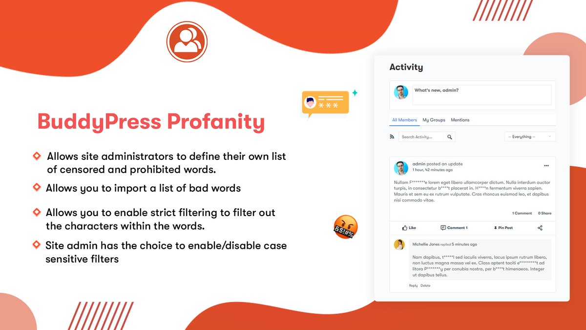 wbcomdesigns's tweet image. Use the BuddyPress Profanity plugin to censor content in your #community! Easily Censor all the unwanted words in activities, and private message contents by specifying a list of keywords to be filtered.
Click on the link to know more- bit.ly/3vWc2zi #CommunityWebsite