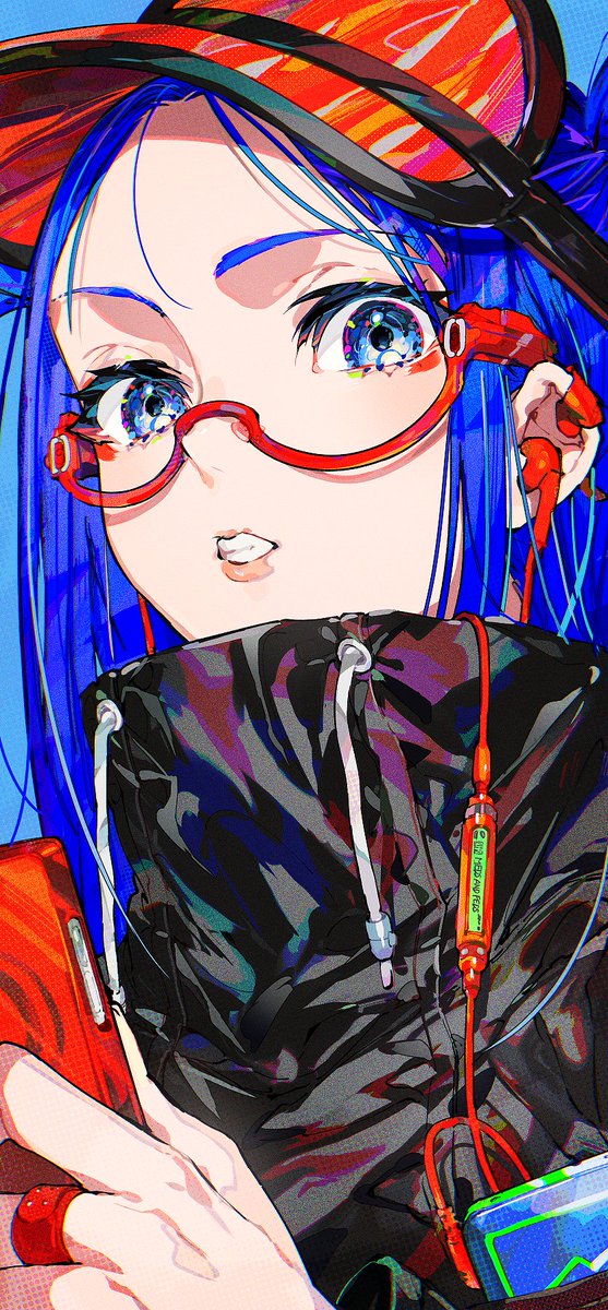 1girl solo blue hair blue eyes glasses parted lips ring  illustration images