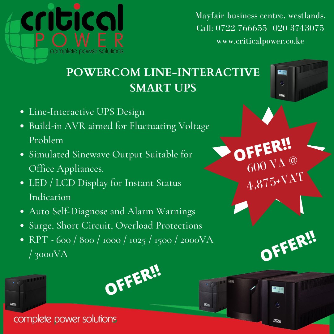 DON'T MISS OUT ON AMAZING OFFERS!!
Get your machines protected with Powercom UPS' today.
Reach us on 0722 766655.
criticalpower.co.ke
#criticalpower 
#POWERCOMups 
#protectyourmachines