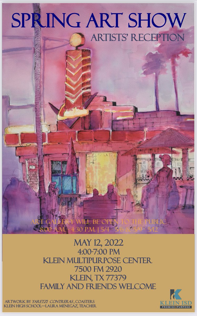 Come see the all the beautiful artwork that <a href="/KleinCain/">Klein Cain HS</a> students (and the rest of <a href="/kleinfinearts/">Klein ISD Fine Arts</a> &amp; <a href="/KleinISD/">Klein ISD</a>) have to offer! On display now through May 12 …Hope to see you there!